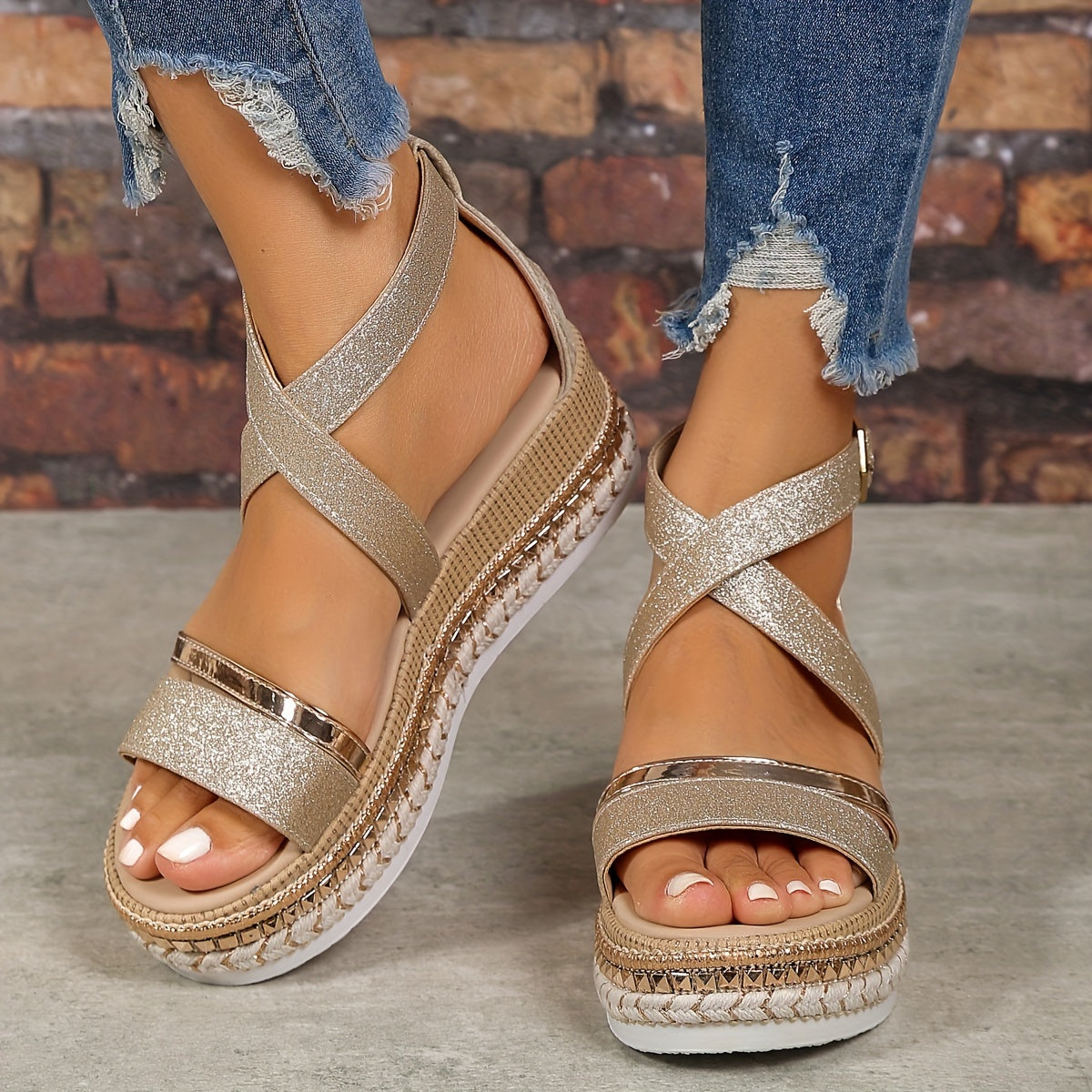 Glitter Platform Espadrille Sandals Cross Ankle Strap Wedge Sandals