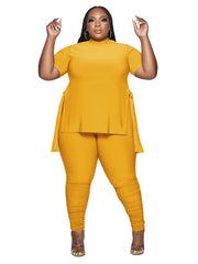 Solid Slit High Neck Short Sleeve Tops & Pants Set