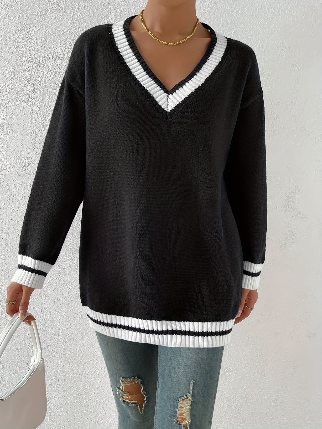 Block Knit Sweater V Neck Long Sleeve Preppy Sweater Women's Clothing