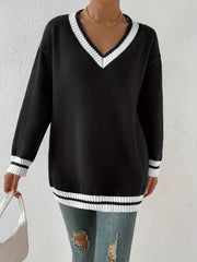 Block Knit Sweater V Neck Long Sleeve Preppy Sweater Women's Clothing
