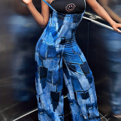 Patchwork Pattern Wide Leg Overall Jumpsuit for Spring & Summer