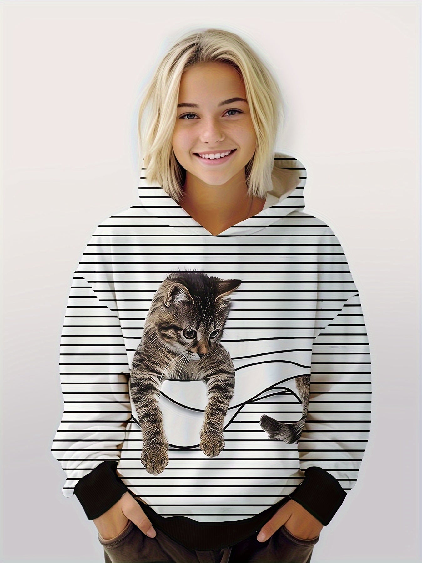 Girls Boys Cat Graphic Long Sleeve Hoodies Pullover Spring Fall