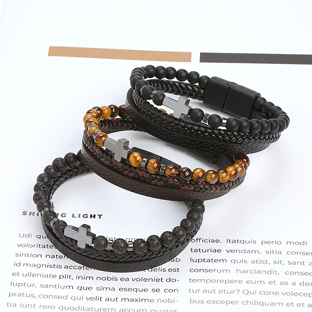 Men's Stone Stainless Steel Leather Cross Bracelet