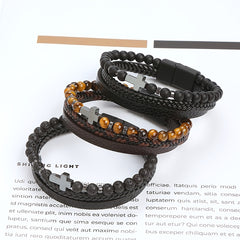 Men's Stone Stainless Steel Leather Cross Bracelet