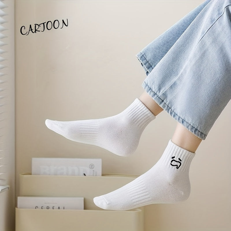 5 Pairs Cartoon Expression Print Crew Socks Women's Stockings