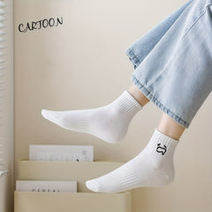 5 Pairs Cartoon Expression Print Crew Socks Women's Stockings