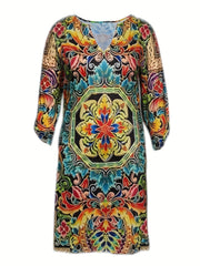 Boho Dress Women's Plus Tribal Print Notched Neck Medium S