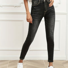 Solid Graphite High Rise Skinny Jeans High Stretch Slash Pocket