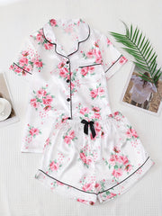 Floral Print Pajama Set Short Sleeve Top & Bow Shorts
