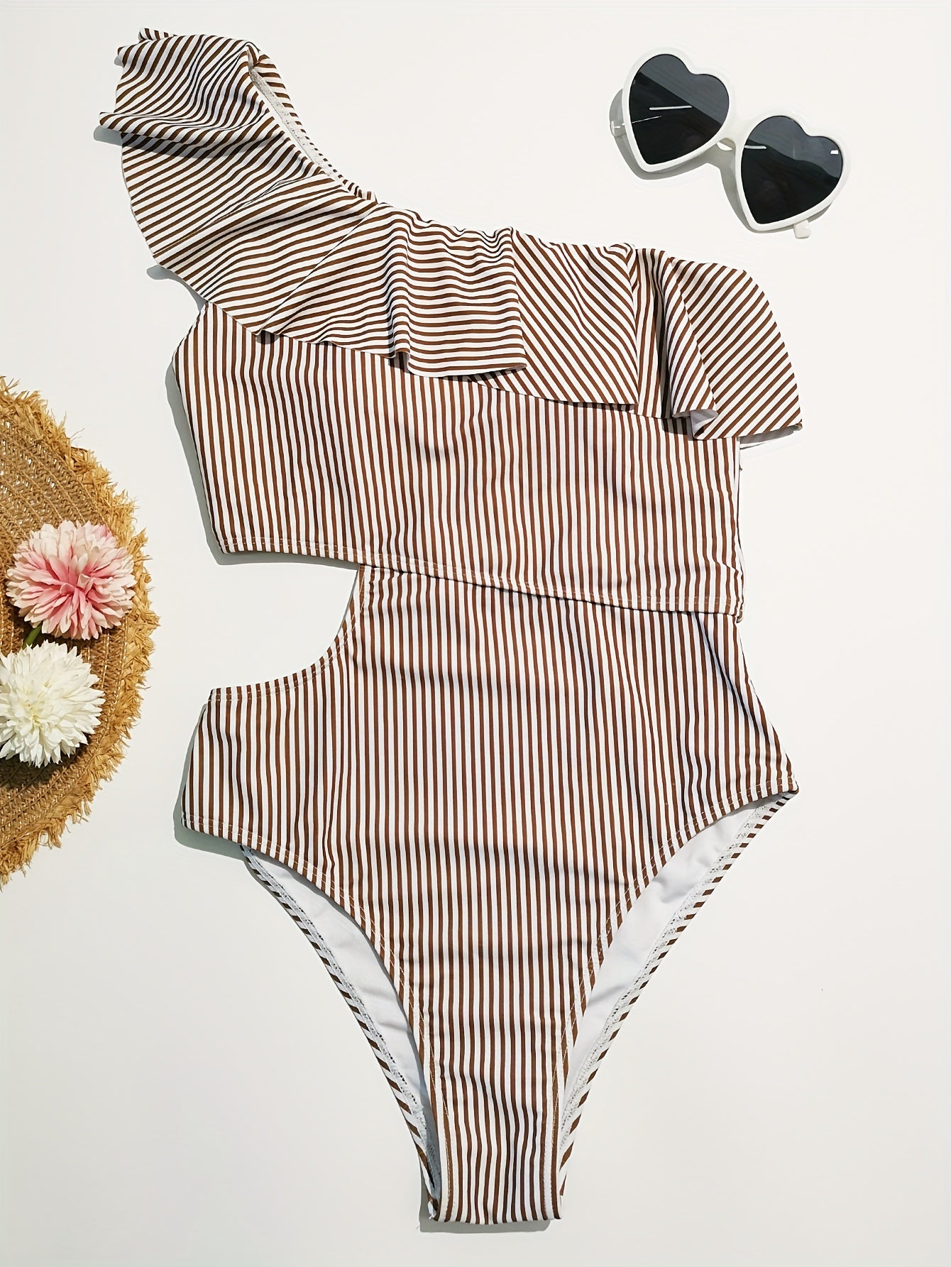 Ruffled Shoulder Striped Print Swimsuit One Piece