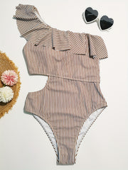 Ruffled Shoulder Striped Print Swimsuit One Piece
