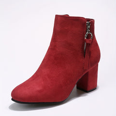 Chunky Heel Ankle Boots Solid Side Zipper High Heels Stylish Short Boots