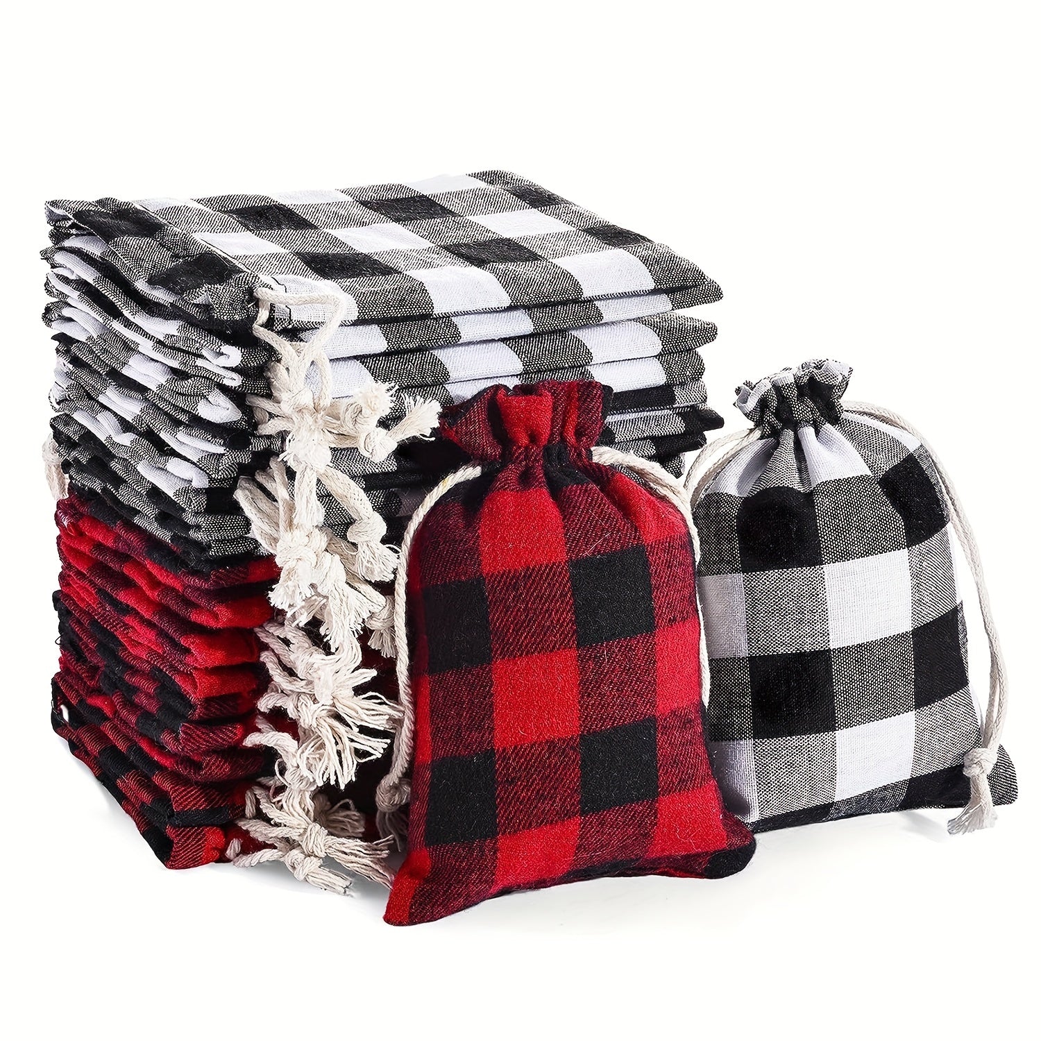 10pcs Christmas Plaid Cotton Burlap Bag Drawstring Pocket Candy Ornament Packagi