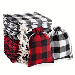 10pcs Christmas Plaid Cotton Burlap Bag Drawstring Pocket Candy Ornament Packagi