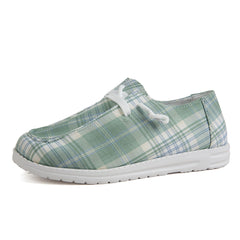 Light Green Plaid Pattern Canvas Shoes Lightweight Lace Up Outdoor Sneakers