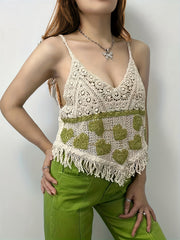 Hollow Out Fringe Trim V Neck Cami Top