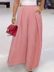 Solid Pleated Wide Leg Pants Dual Pockets High Waisted Pants