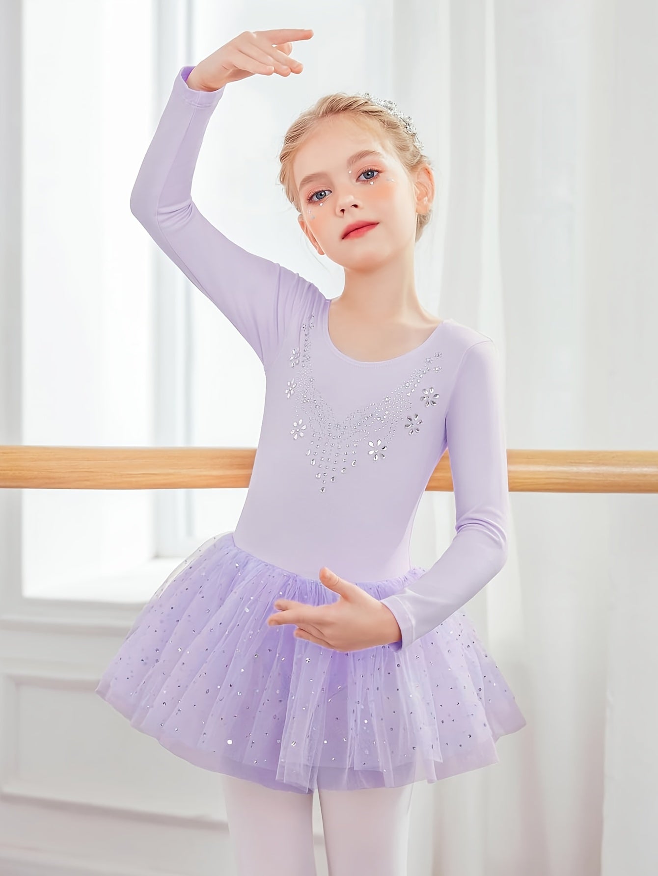 Girls Sequin Long Sleeve Ballet Tutu Leotard for Dance Performance