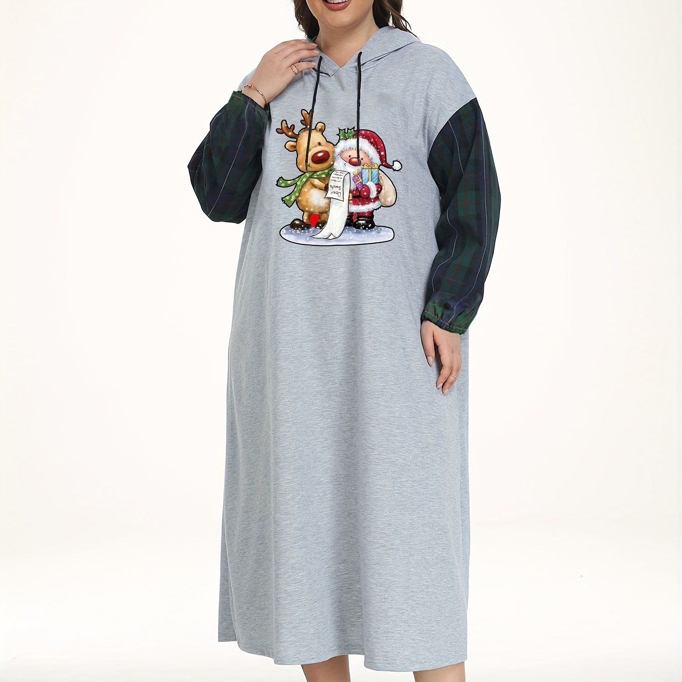 Santa Claus & Elk Print Plaid Hooded Lounge Dress