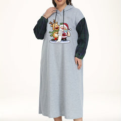 Santa Claus & Elk Print Plaid Hooded Lounge Dress