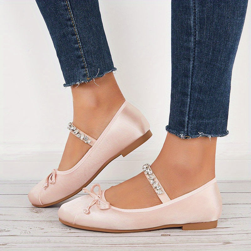 Women's Bow Mary Jane Rhinestone Flats Soft Sole Slip On Satin Shoes