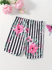 Girls' Striped Flower Print Thin Casual Shorts