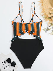 Colorblock Ruffle Trim Cut Out One Piece Swimsuit Women's Plus