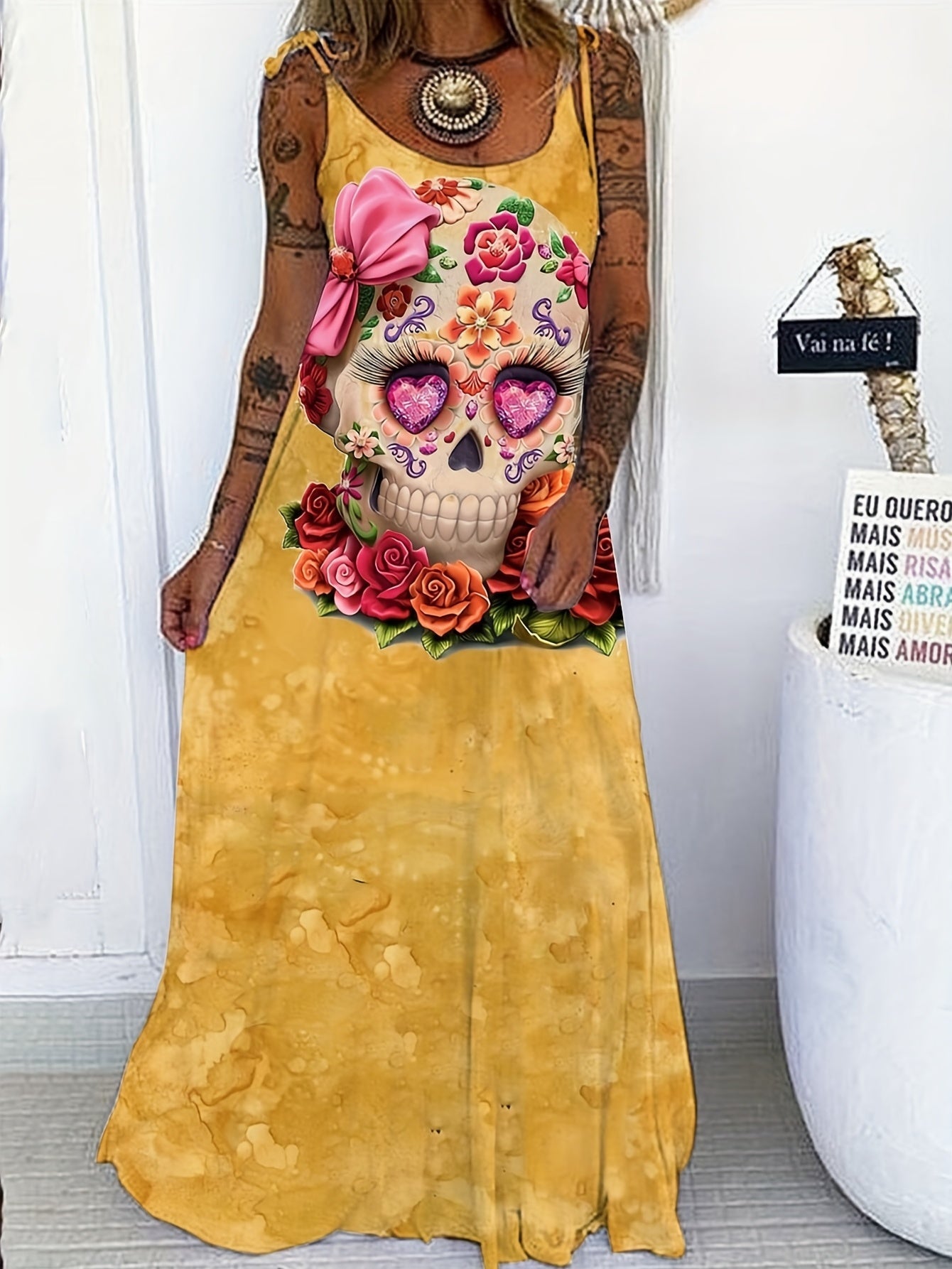 Skull Print Maxi Dress Round Neck Tie Front Plus Size Gothic Dress