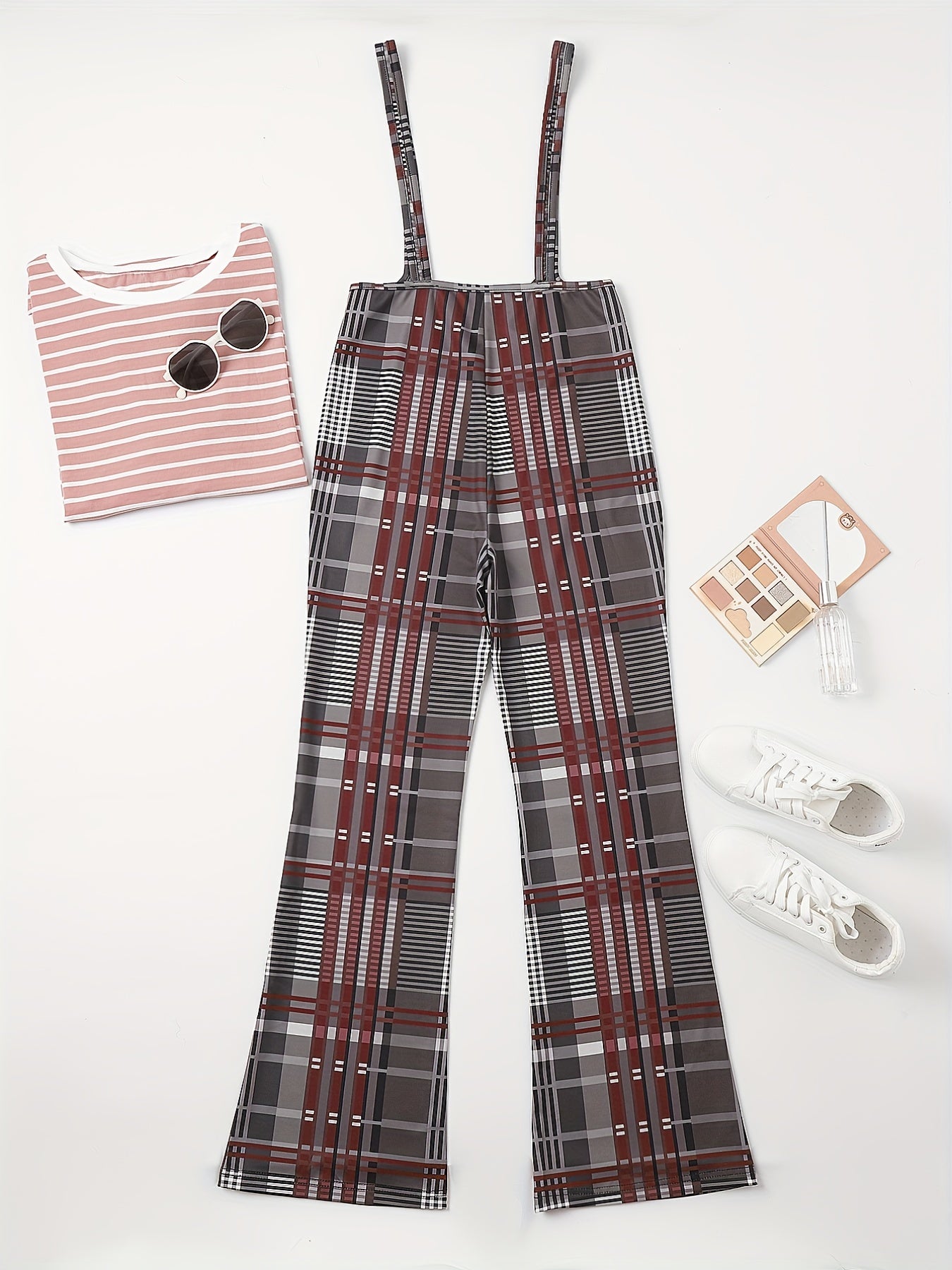 Plaid Print Wide Leg Overalls