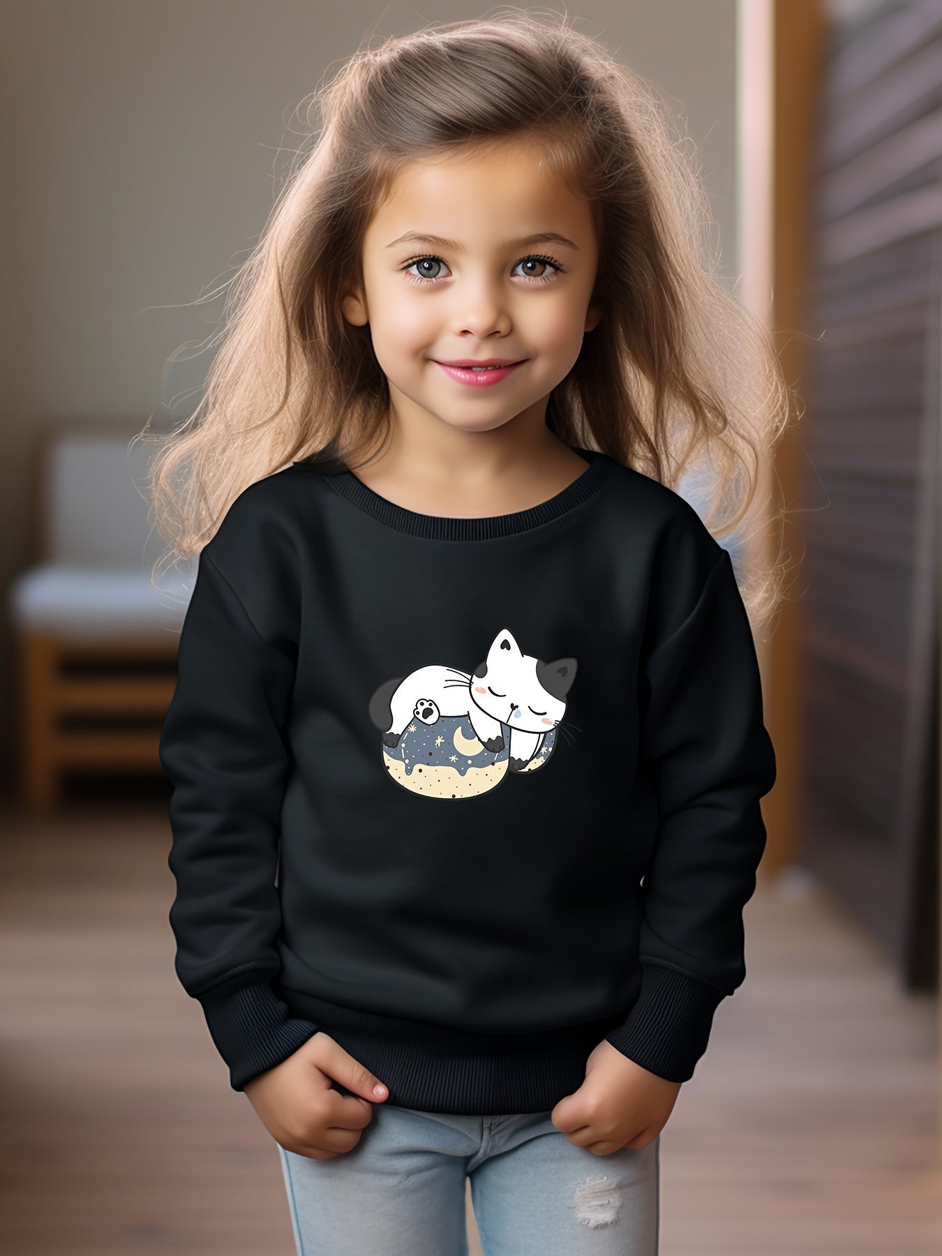 Girls Cat And Rat Pattern Sweatshirt For Spring Fall