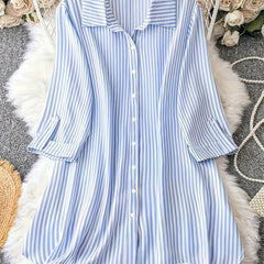 Stripe Print Roll Up Sleeve Button Up Shirt Dress