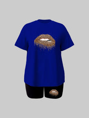 Leopard & Lip Print Short Sleeve Top & Shorts 2 Piece Set
