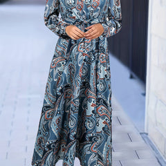 Boho Dress Women's Plus Paisley Print Long Sleeve Maxi Dress