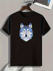 Geometric Wolf Print Men's Comfy T-shirt for Outdoor Summer