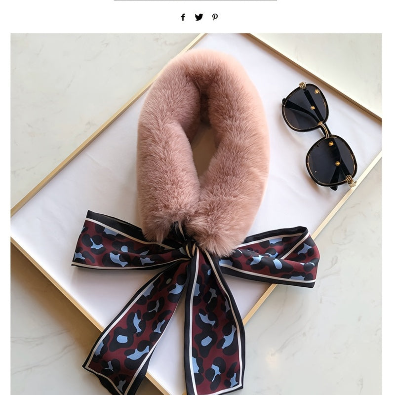 Leopard Scarf Ribbons Faux Fur Winter Wrap Collar Scarf
