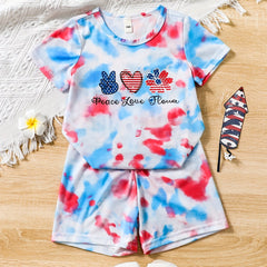 2pcs Toddler Girls Gesture Flowers Tie Dye T Shirts & Track Shorts Set