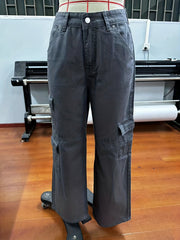 Solid Coffee Brown Cargo Jeans Side Flap Pocket High Rise Loose Denim Pants