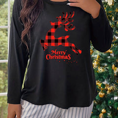 Plaid Elk Graphic Long Sleeve Round Neck Home Wear T shirt
