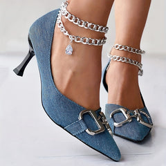 Women's Denim Buckle High Heel Pumps