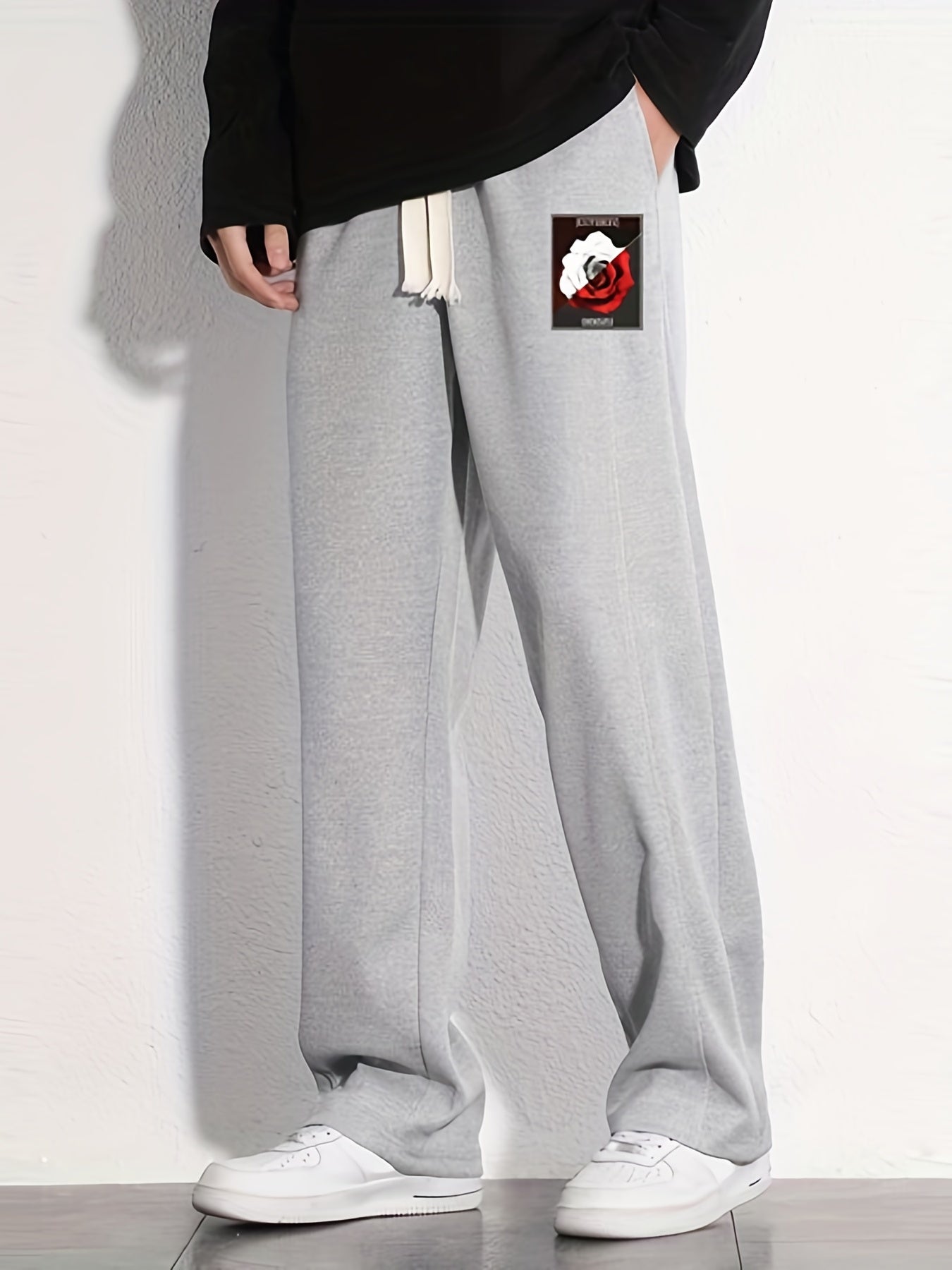 Rose Pattern Joggers Men's Casual Loose Fit Drawstring Pants Spring Summer