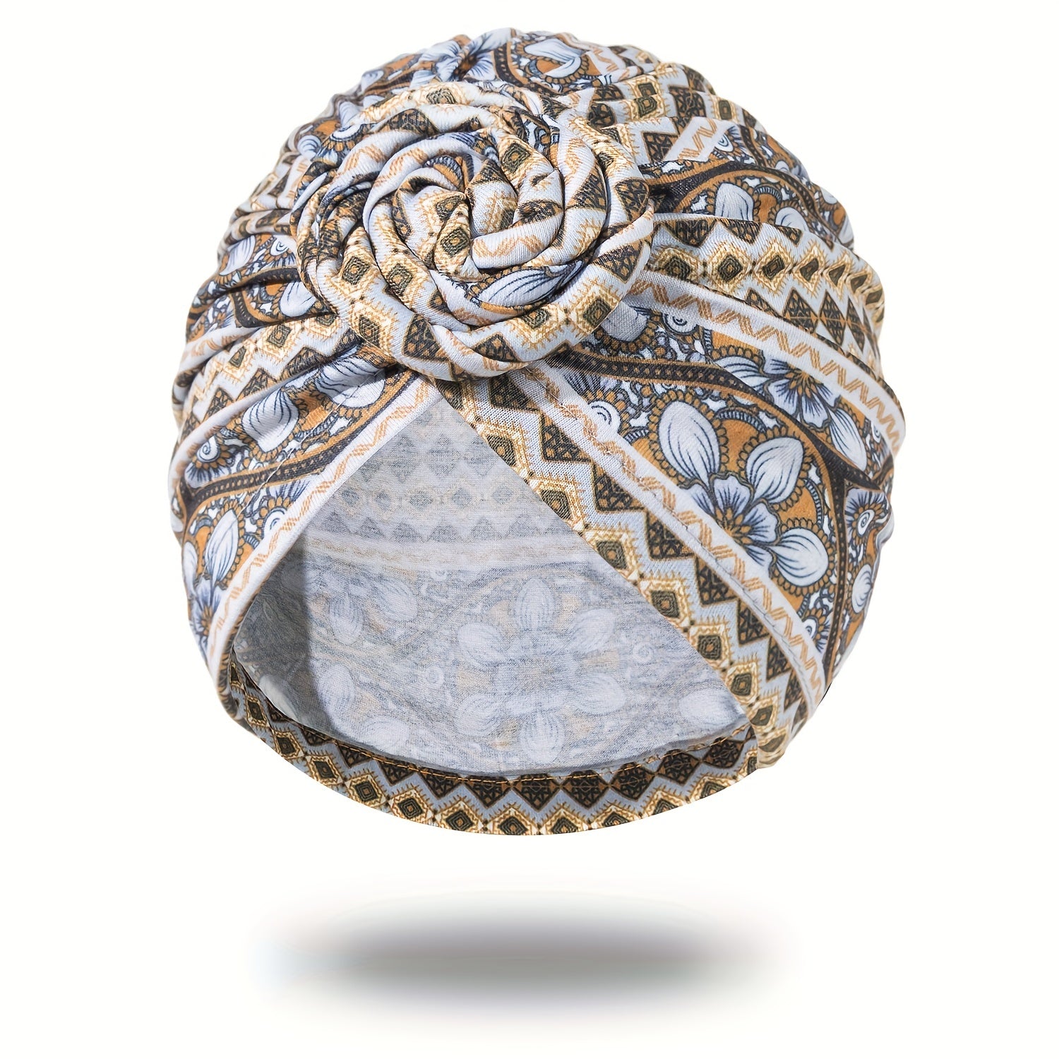 Boho Print Pleated Turban Floral Beanie Pre Tied Front Knot Elastic Head Wrap