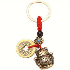 Lucky Cat 5 Emperors Keychain Solid Brass Car Key Ring