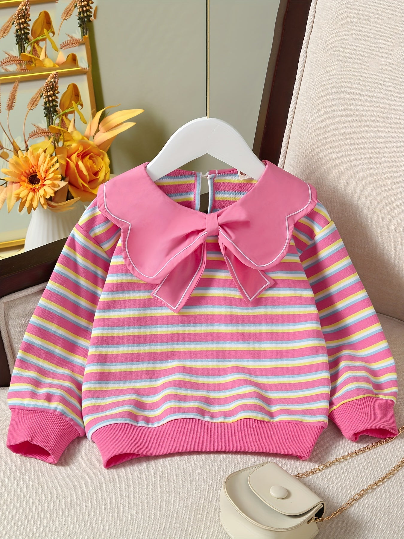 Girls' Bow Collar Striped Sweatshirt Top Pullovers