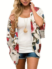 Floral Print Cover Up Shirt V Neck Loose Fit Long Sleeves Beachwear