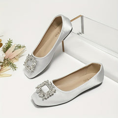 Women's Satin Ballet Flats Rhinestone Slip On Wedding Dress Flats