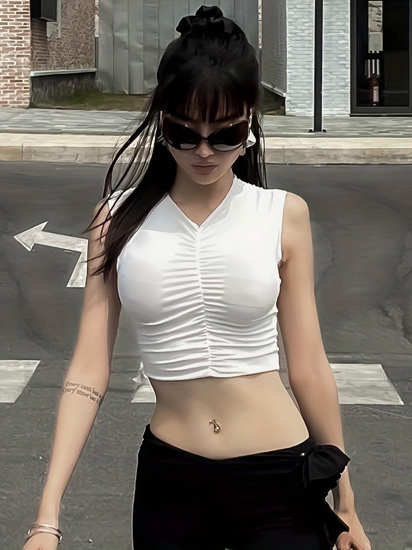 Ruched Crop Tank Top V neck Sleeveless Casual Summer Women's Clothing