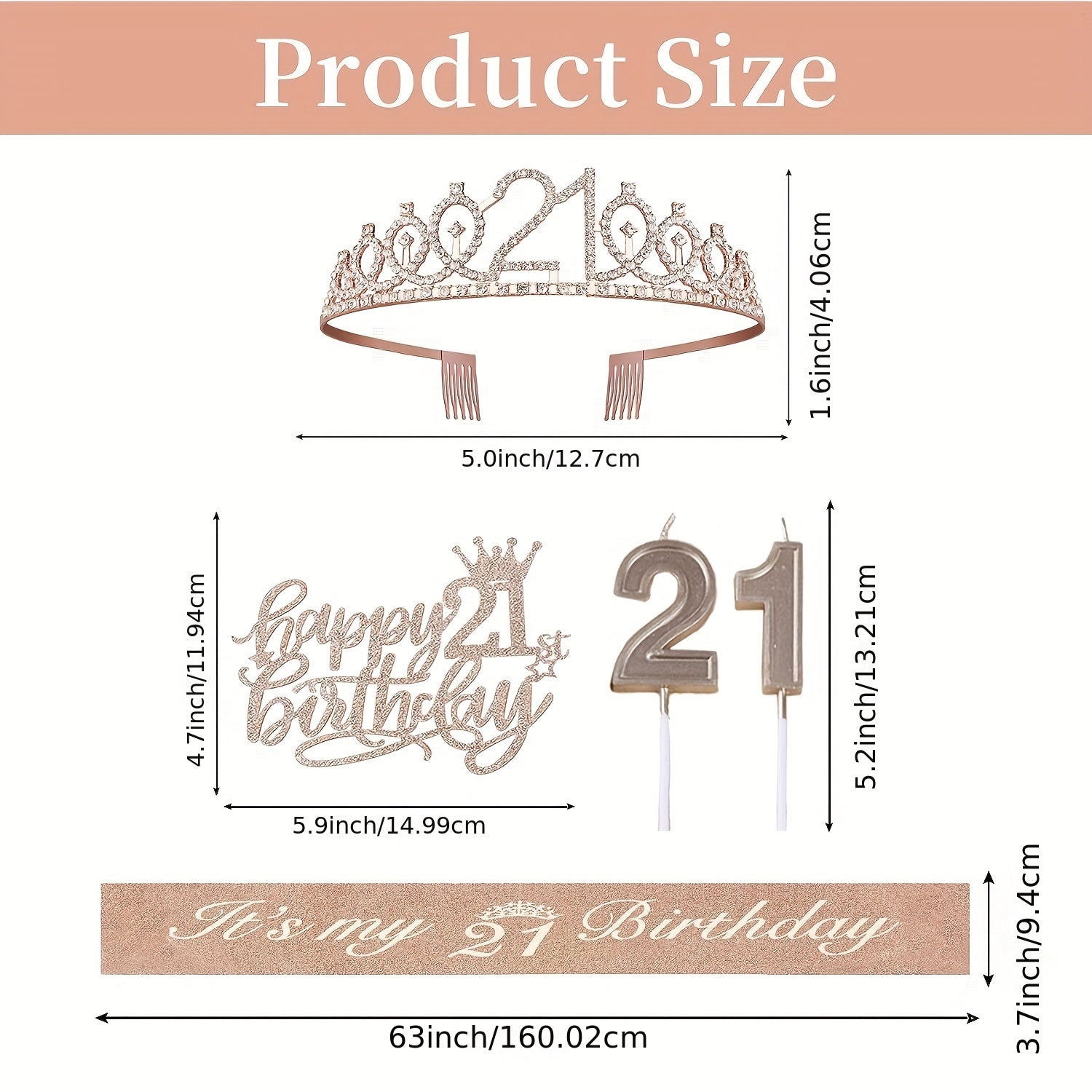 21st Birthday Decorations Set for Women - Sash, Cake Topper, Crown, Candles