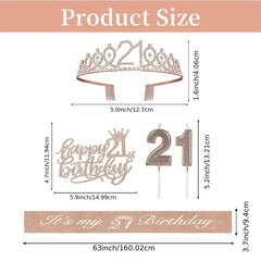 21st Birthday Decorations Set for Women - Sash, Cake Topper, Crown, Candles