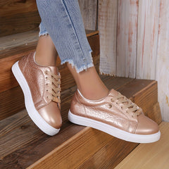 Flower Pattern Skate Shoes Metal Decor Lace Up Flat Shoes Low Top Casual Sneaker