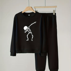 Skeleton Pattern Boy's 2pcs Sweatshirt & Sweatpants Set Halloween Style Outfits
